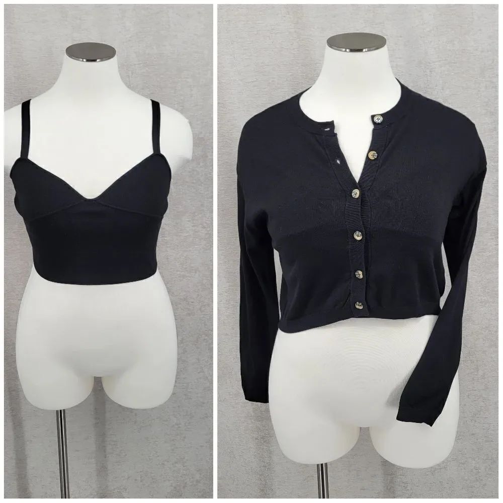 Gianni Bini Vanna Black Sweater Set Cardigan Knit Cropped Tank Women's XL